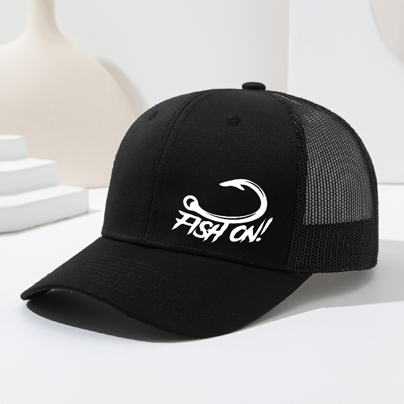 TEMU A Fish On Fish Hook Print Mesh Baseball , With A Slightly Curved Brim Design, For Spring And Summer Fashion. This Adjustable Hat Is Suitable For