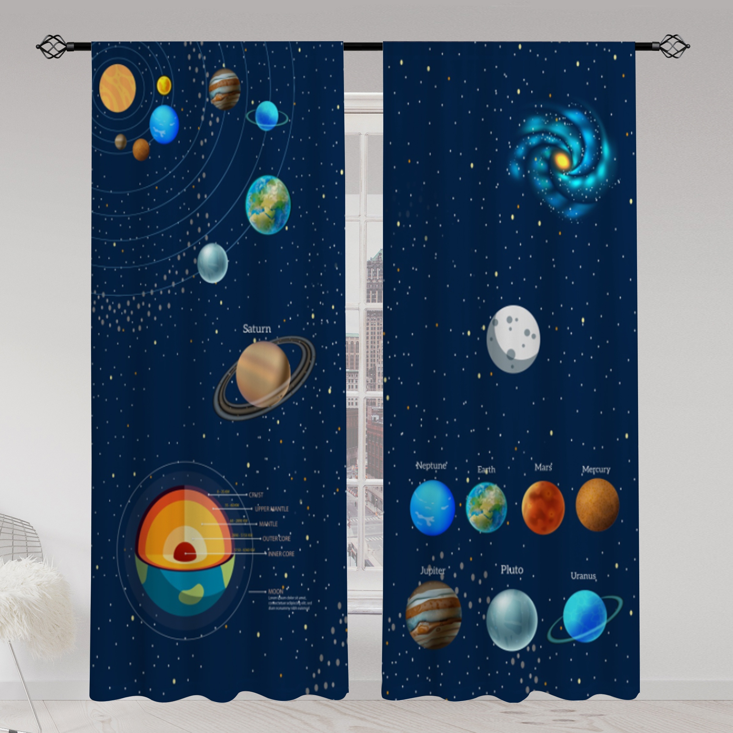 

2pcs, Universe Space Planet Printed Translucent Curtains, Living Room Game Room Bedroom Multi-scene Polyester Rod Pocket Decorative Curtains Home Decor Party Supplies
