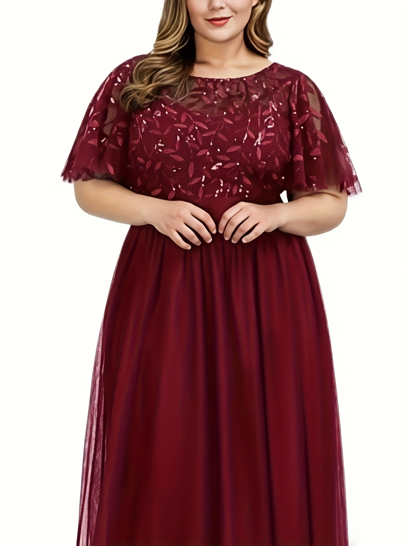Plus Size - فستان سهرة أنيق بحجم كبير مع زينة زهور - فستان حفلات بدون أكمام بأسلوب A-Line، لون صلب، إغلاق بسحاب، قمة ملائمة وتنورة طويلة للزفاف والولائم والمناسبات الرسمية، ملابس زفاف للضيوف | فستان مزخرف بالزهور | خطوط مريحة
