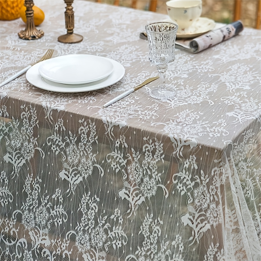 Image of 1pc White Lace Party Tablecloth, Wedding Decoration Tablecloth, Suitable For Summer Picnics, Valentine's Day, And Daily Decorations