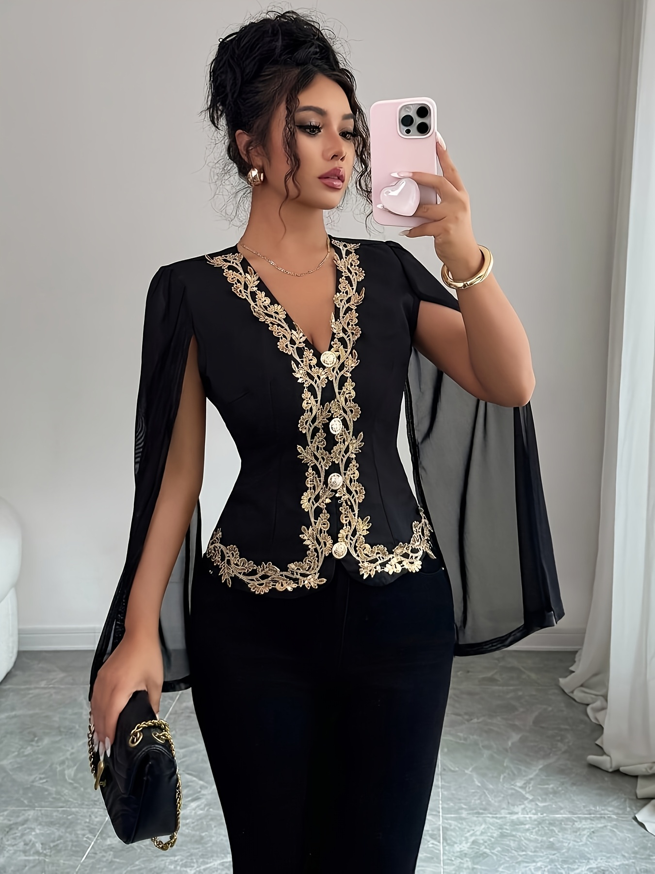Women's Black Long Sleeve Top With Contrasting Golden Lace Trim, Unique Design