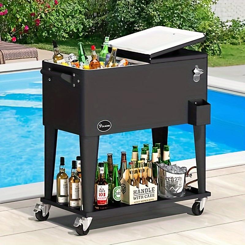 Yarsca Cooler Cart with Bottle Opener Drainage, Portable Patio Cooler on Wheels, Outdoor Beverage Cart Ice Chest Cart, Black