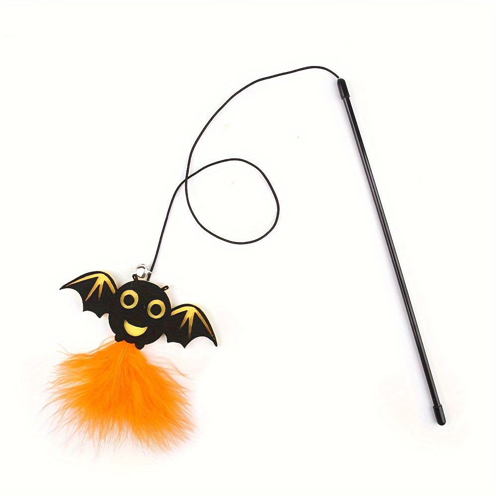 1pc Halloween Design Cat Teaser Toy - Pumpkin Bat Artificial Feather Shaped Cat Interactive Teaser Stick/made Of Plastic Rod/elastic Rope/artificial Feather, Without Battery