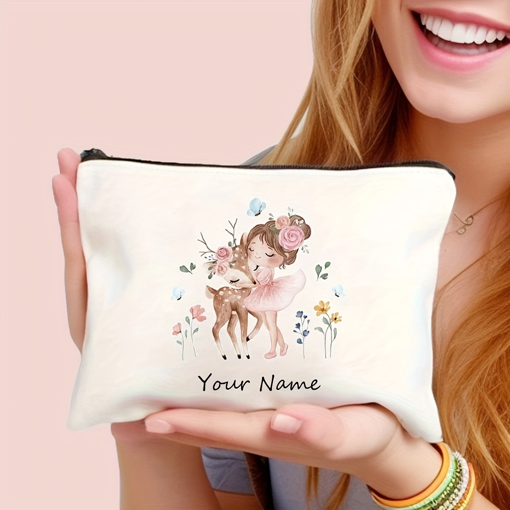 TEMU Custom Polyester Makeup Bag Featuring A Cute Pink Double Ponytail Ballet Girl And A Motivational Deer Print - A White Zippered Cosmetic Pouch