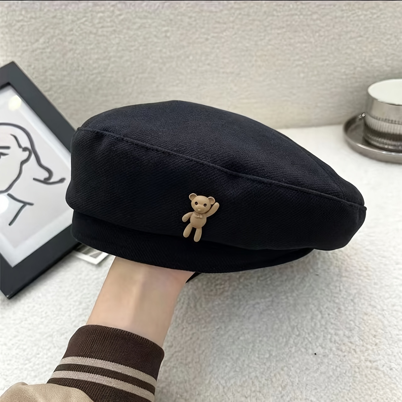 TEMU Chic Bear Cartoon Beret For Women - Lightweight, Hand-washable Polyester Fiber, Fall & Winter
