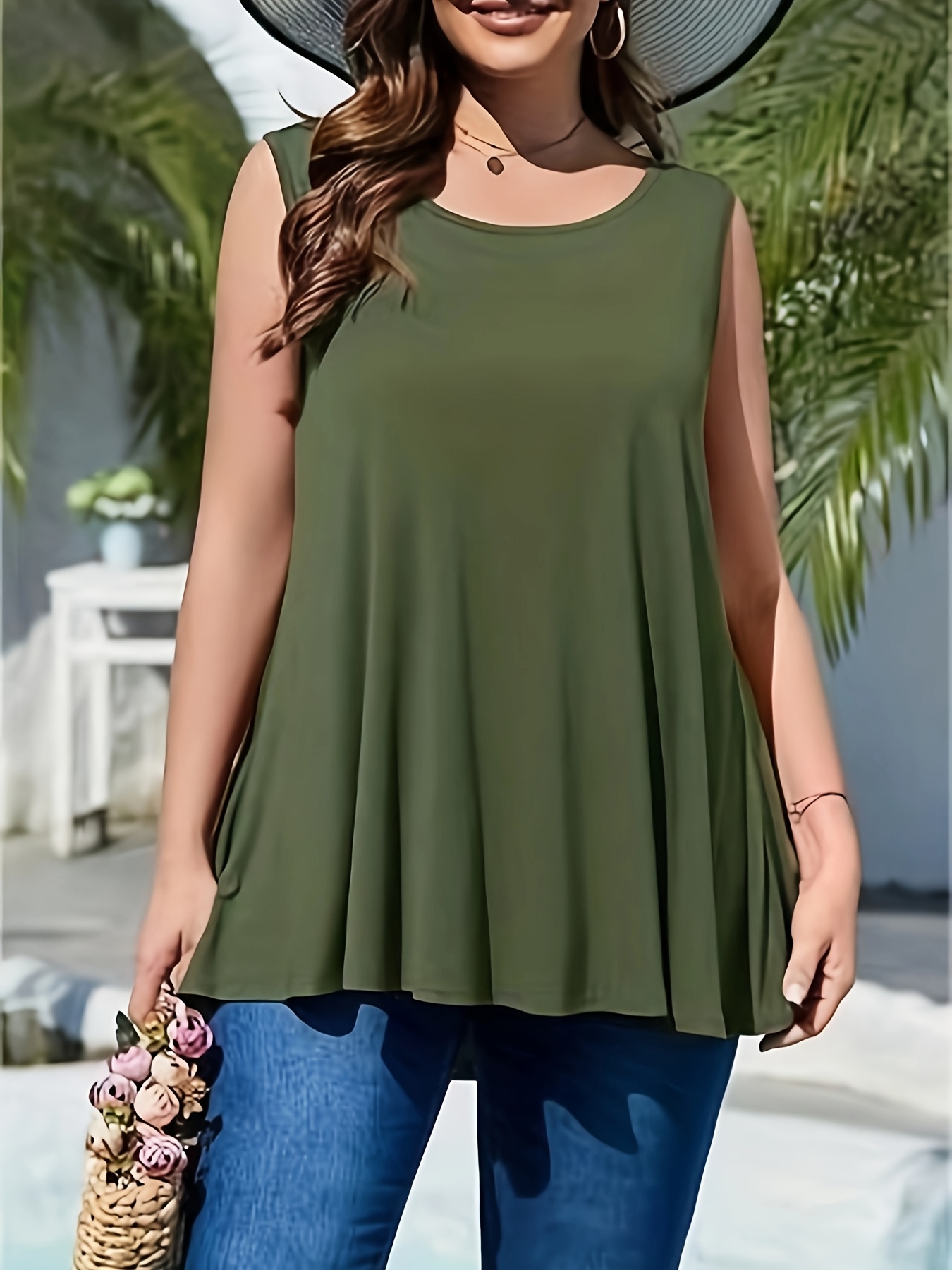 Women's Plus Size Sleeveless Olive Green Round Neck Tank Top - Loose Fit Summer Vacation Top, Machine Washable Casual Chic Shirt for Beach Outings & Lounge Wear, Summer Tank Tops