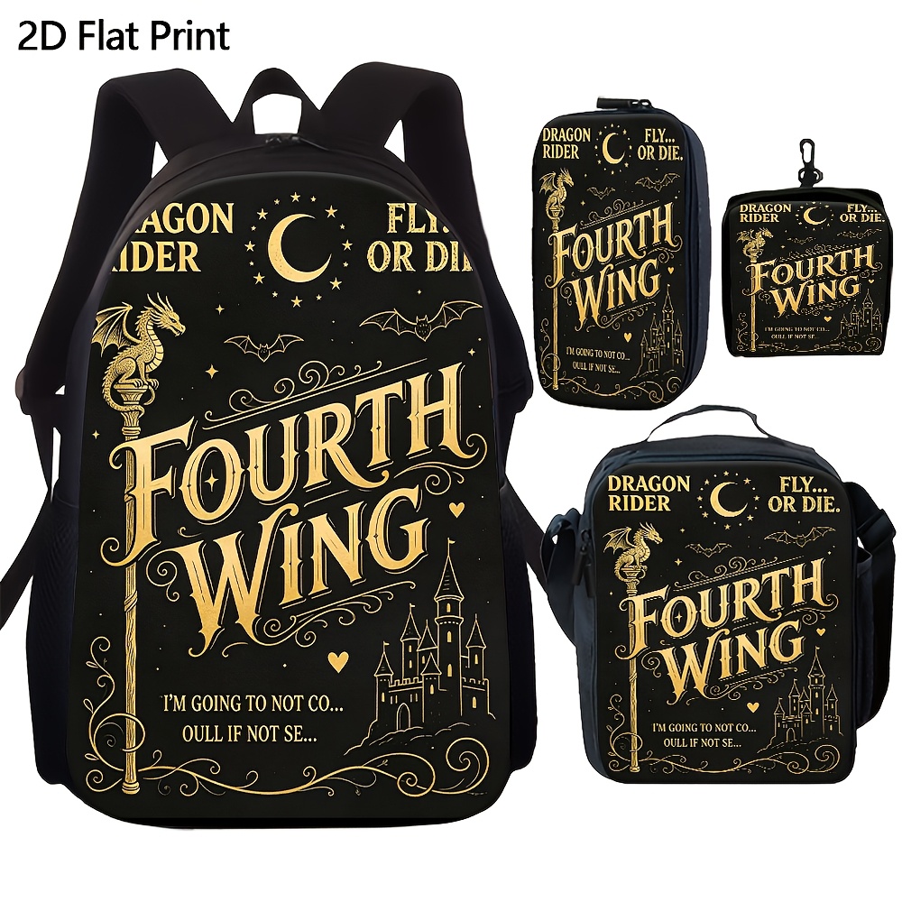 TEMU 4pcs Backpack Set, 2d Flat, Dragon Rider Themed Pattern Print Backpack And Crossbody Bag And Pencil Case And Coin Pouch