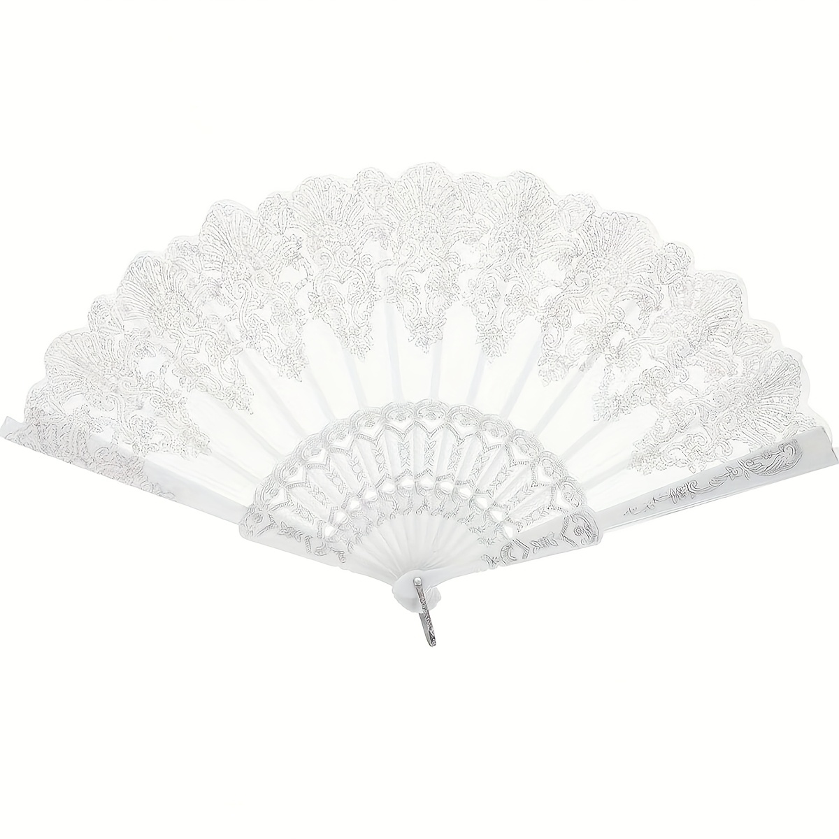 TEMU White Women's Hand Fan, Silvery Floral Fan, Foldable Vintage Decorative Fan, Bridal Photo Prop, Suitable For Weddings, Dances, Themed Parties,