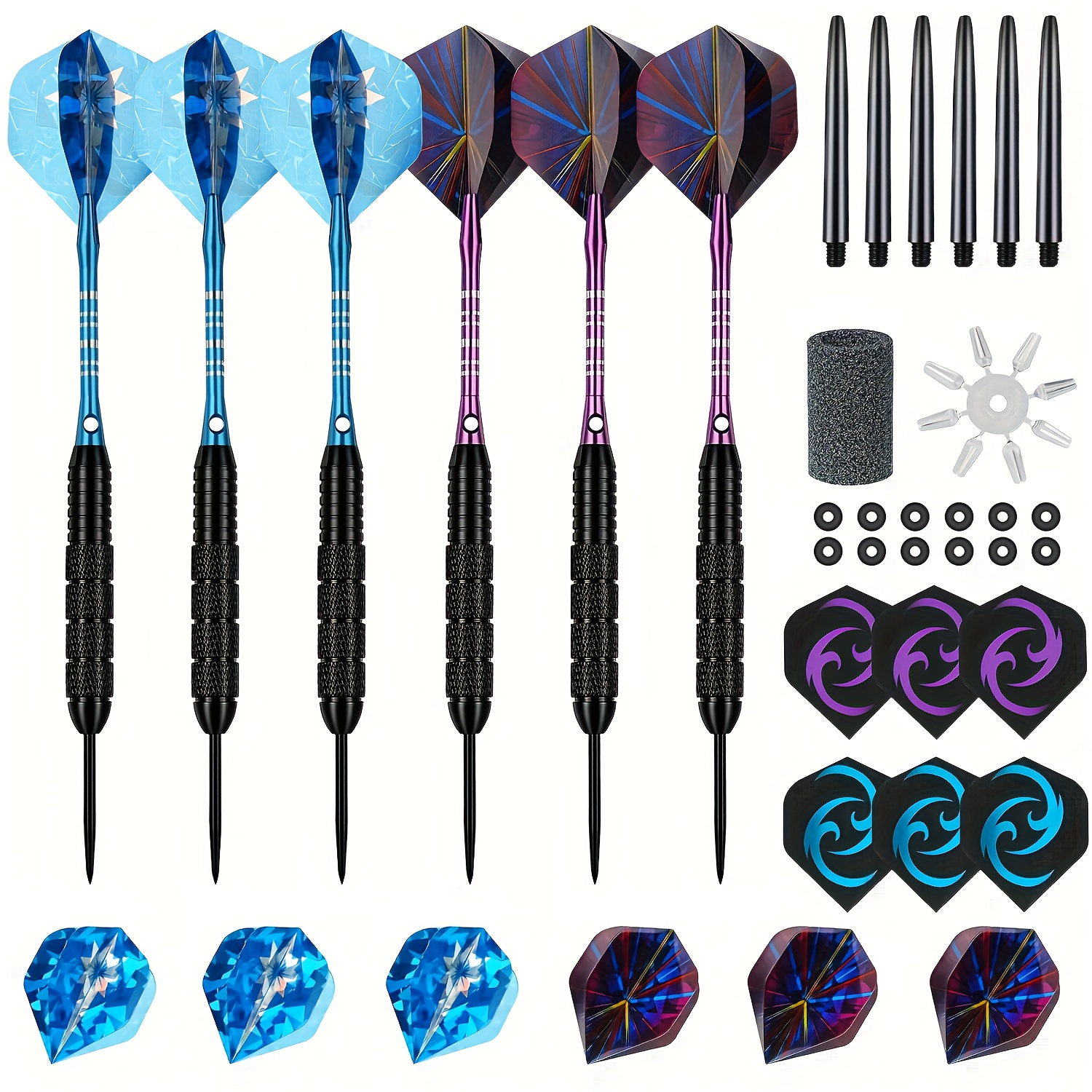 Stalen Dart Set, met 6 Professionele 24G Darts, Anti-Slip Roestvrijstalen Tips, 4 Stijlen van Polymeer Vluchten, PVC Schachten, een Dart Slijper, Rubberen Ringen, en Wordt geleverd in een Geschenkdoos