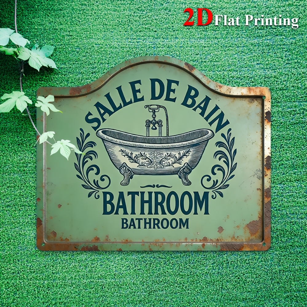 TEMU Plaque de salle de bain française vintage 2D plate, 1 pièce, convient pour une décoration de maison rustique, art mural de baignoire avec motif