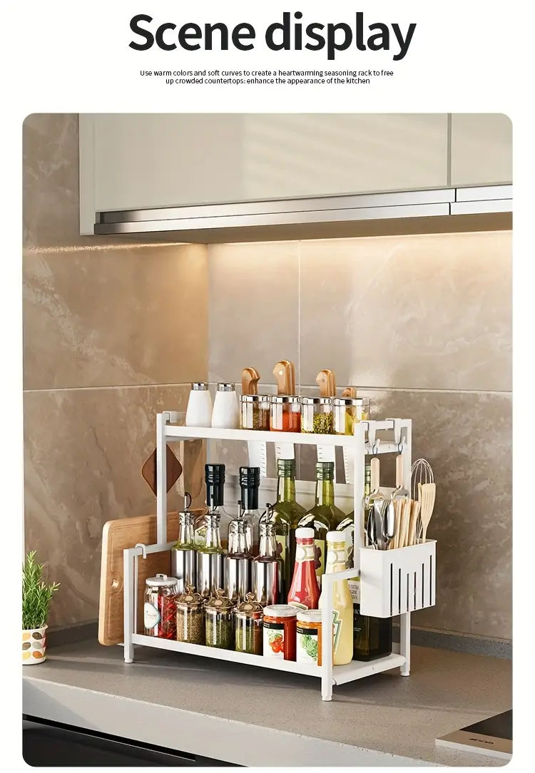 2 tier carbon steel spice rack organizer with utensil holder cutting board storage white metal kitchen countertop organizer for spices knives and cutting tools spices organizers and storage Product details 11
