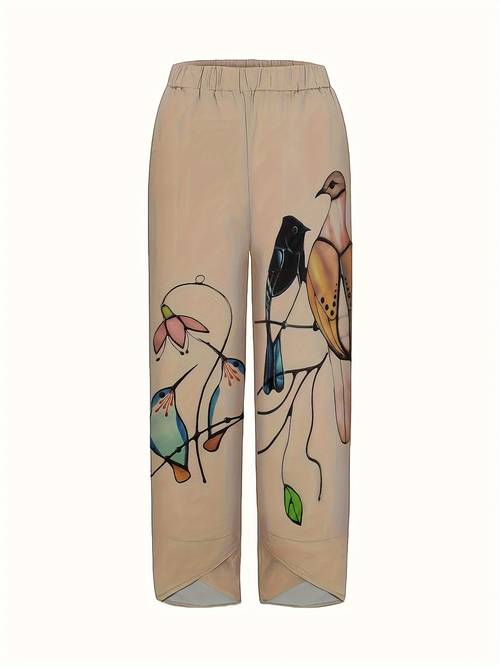 pantaloni larghi con stampa uccelli, pantaloni casual con elastico in vita tasche per e lestate, abbigliamento donna