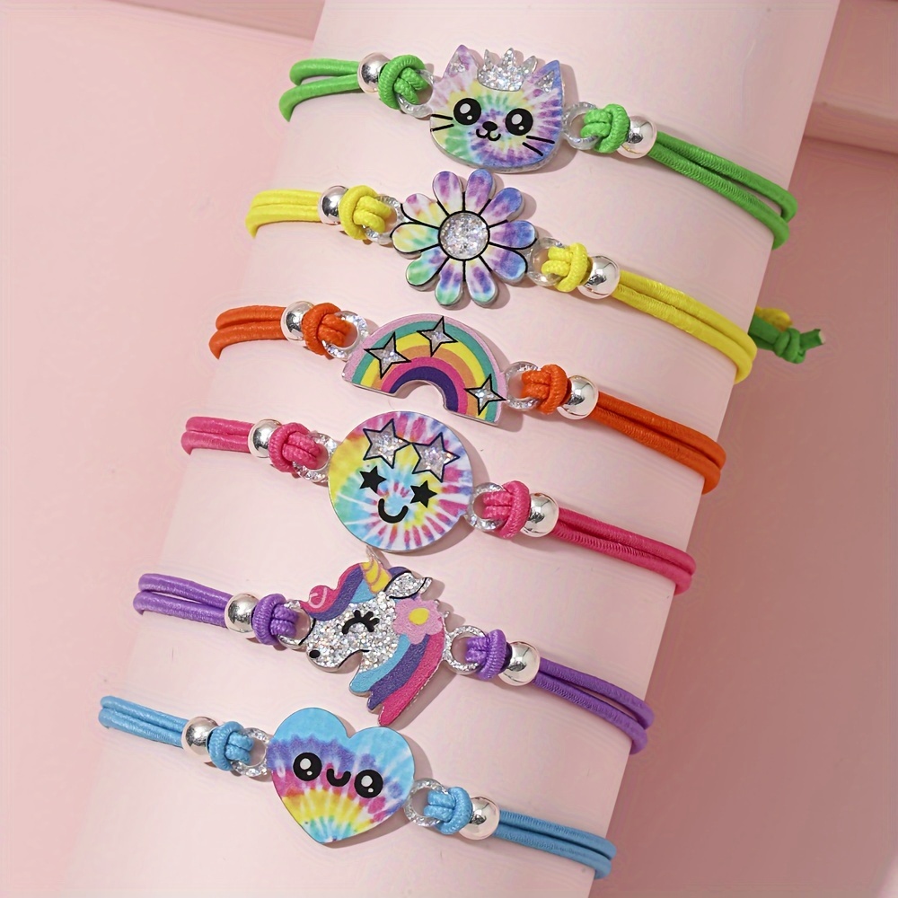 

6pcs Whimsywear Cute Animal & Rainbow Acrylic Charm Bracelets, Nylon Stretch Wristbands With Unicorn, Cat, And Flower Prints, White K Plated Pendant Accessories, Cute Bracelets