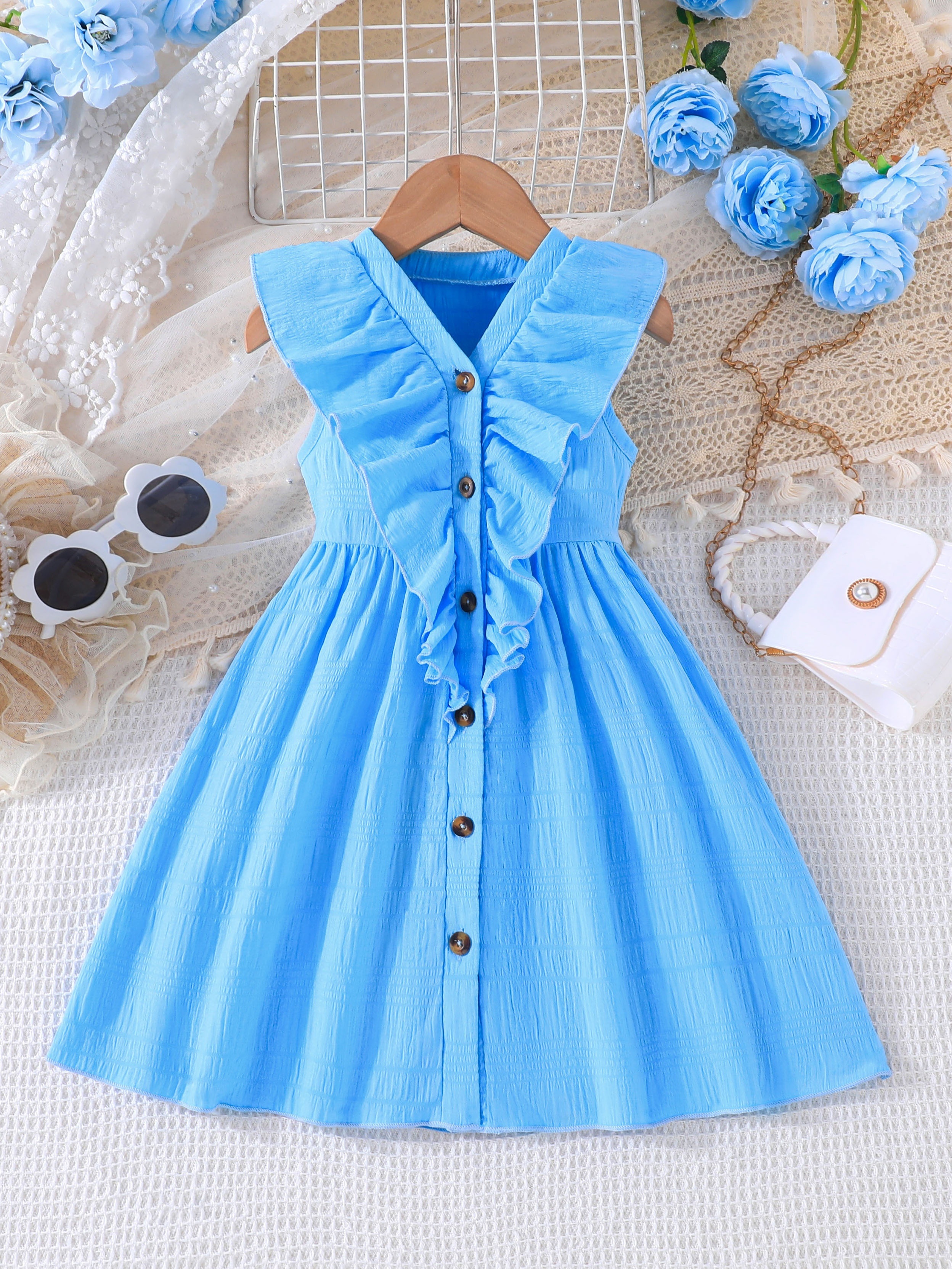 Baby Girl Solid Textured Button Up Sleeveless Tank Dress