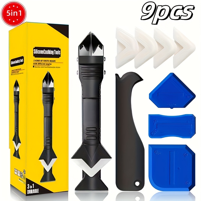 Silicone Caulking Tool Set - 5in 1 Sealant Scraper And Remover Kit With Interchangeable Pads For Finishing, Cleaning, And Grouting - Durable Plastic Construction