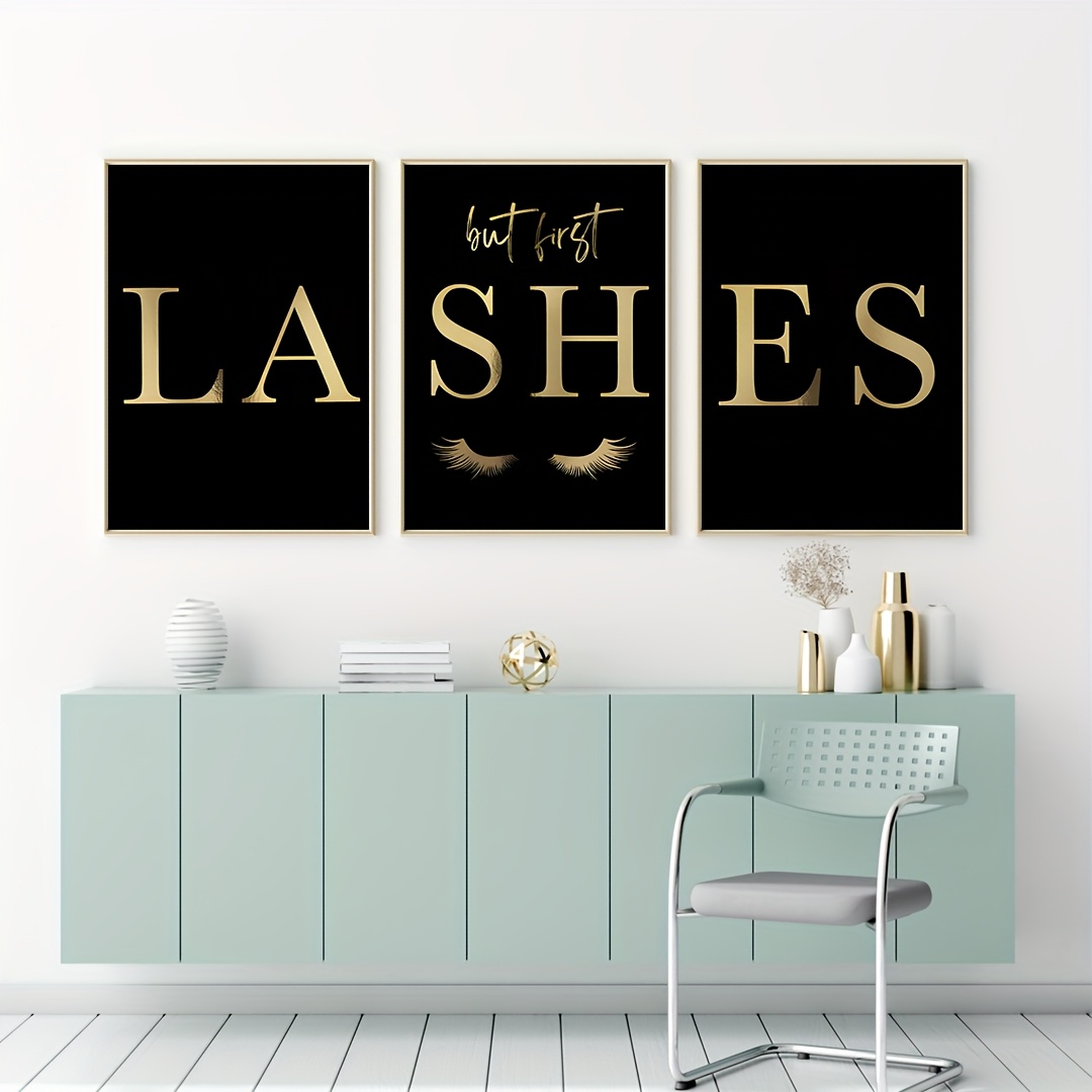 TEMU 3pcs Eyelash Extension Canvas Wall Art Print, Golden Lashes Design, Oblong Horizontal Frameless Posters For , Lash Studio, Living Room Decor,