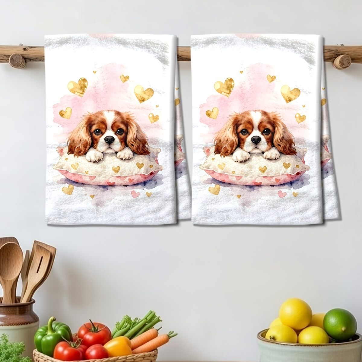 TEMU 2pcs King Charles Spaniel Theme Kitchen Towels | Polyester Microfiber, Fabric, Ideal For Cleaning, Camping, And Outdoor Bbq, Contemporary Style