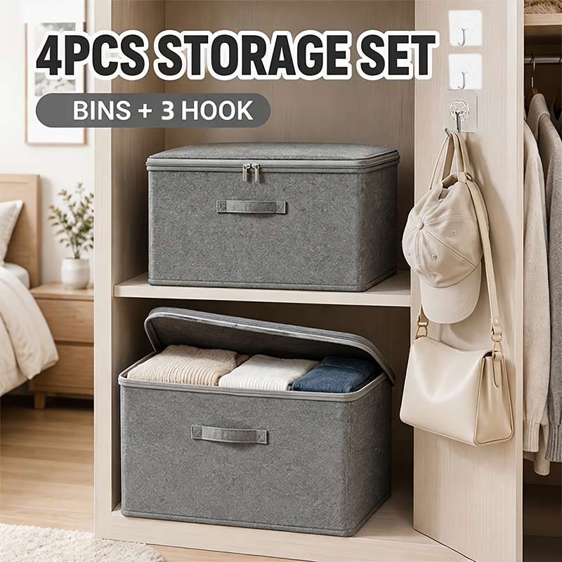 TEMU 4pcs - (3pcs Hooks And 1pc Storage Box), Stacked Storage Box, Space-saving Finishing Box, Suitable For Wardrobe And Bedroom, Can Store Books,