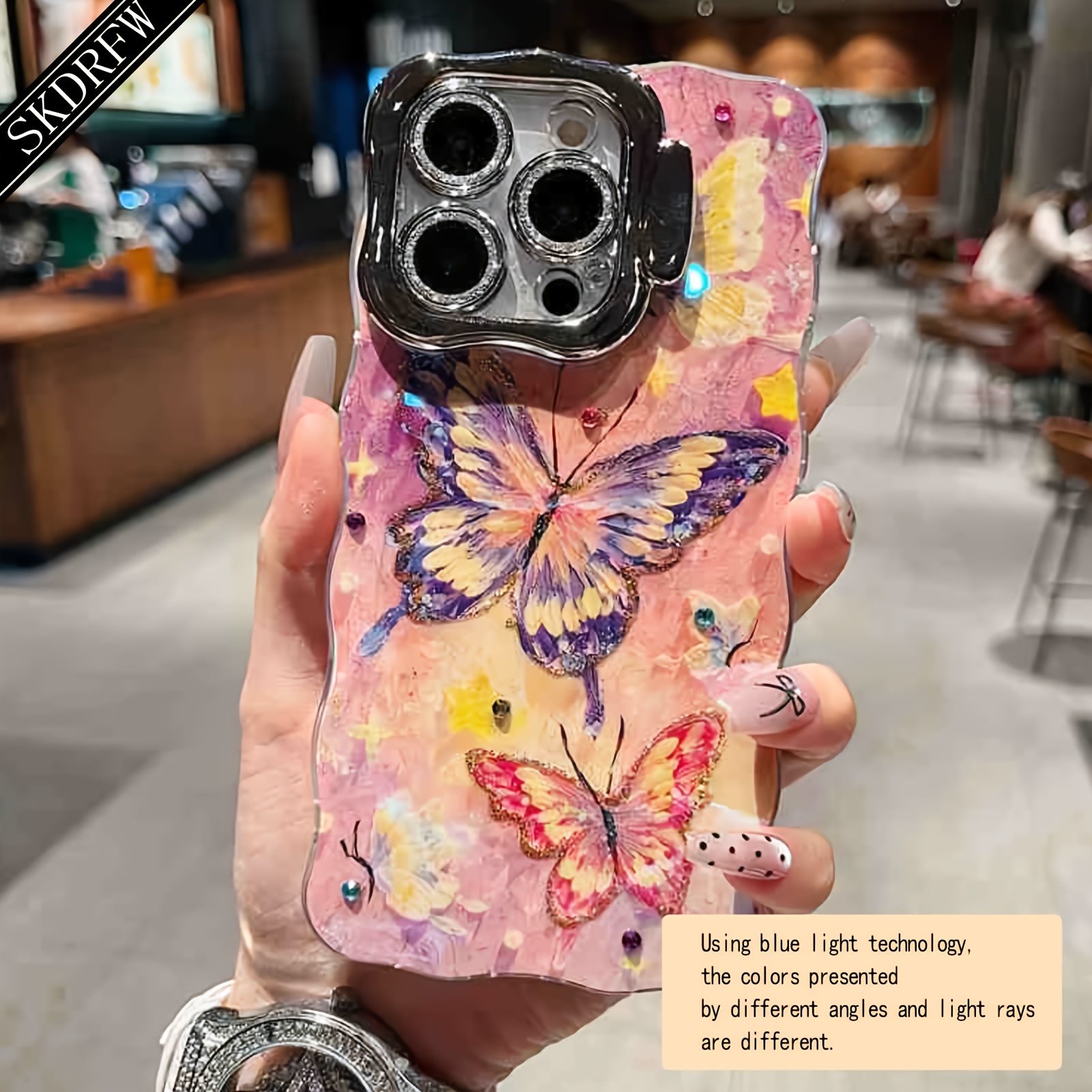 TEMU Coque de téléphone - La dernière coque de téléphone haut de gamme Y2K Laser Blue Light Oil Painting avec des bords ondulés irréguliers, un