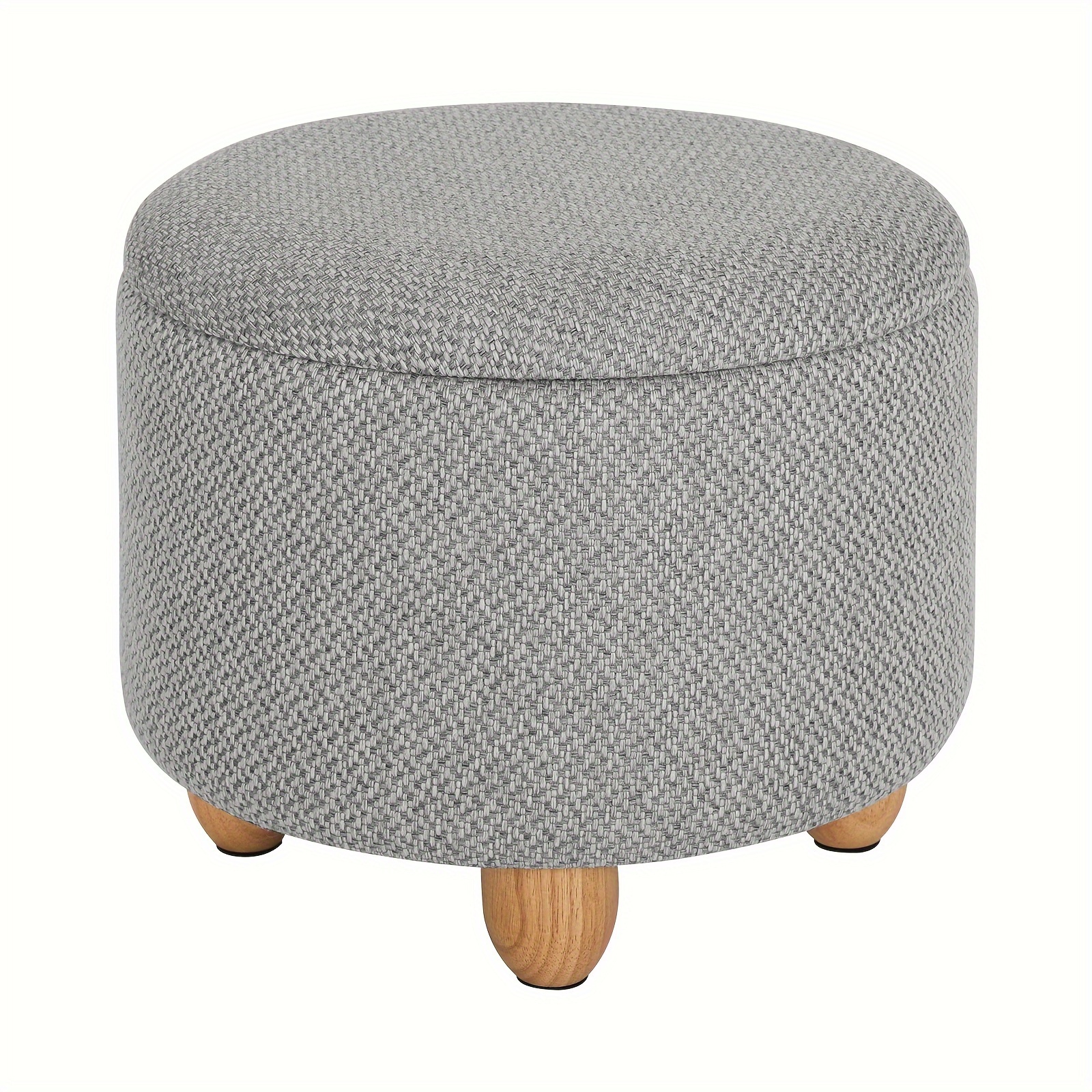 1pc Stool With Storage Space, Round Stool, Footstool With Linen Cover, Upholstered Stool With Solid Wood Legs, 39x39x33cm