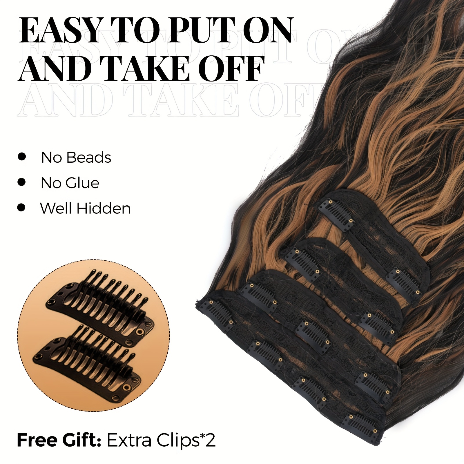 4pcs   clip in hair extensions 20 inch long wavy dark brown with golden highlights thick heat resistant synthetic hairpieces with 2 bb clips storage bag for women all   details 3