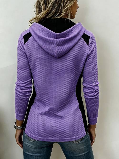 spring autumn light mature style contrast hooded drawstring henley neck sweatshirt style daily versatile casual top