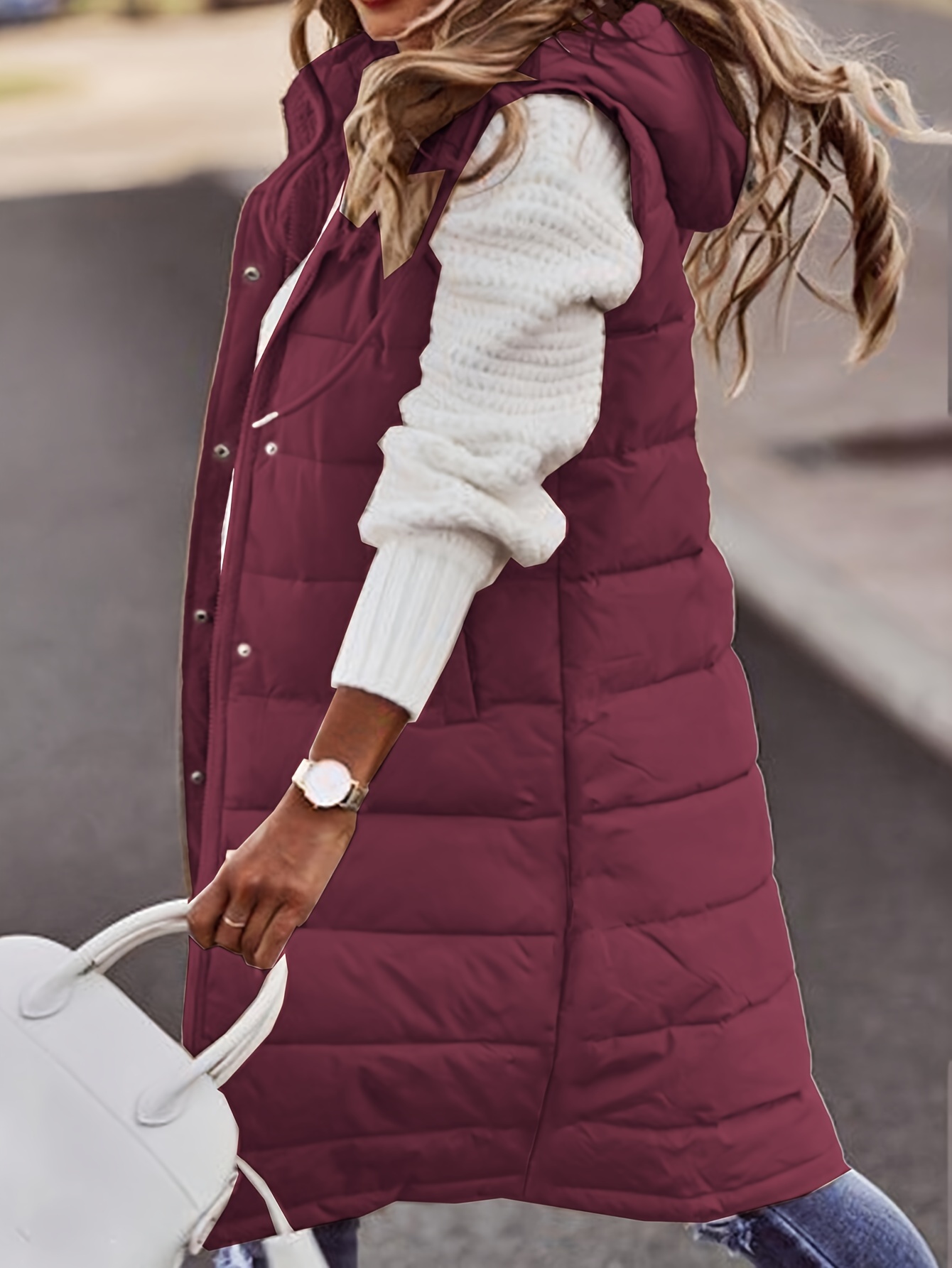 womens long hooded vest casual sleeveless polyester quilted jacket with front zip closure and pockets solid color black warm non stretch fabric ideal for fall winter layering details 7