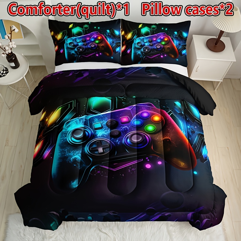 TEMU 3pcs Controller Player Sports & Leisure Thick Quilt Set, 1 Quilt + 2 Pillowcases (pillow Inserts Not Included), Quilted, Soft, Breathable, , For