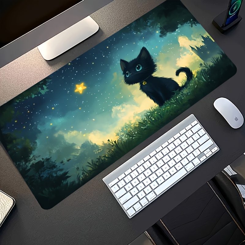 1pc large   gaming mouse pad black cat   at     pattern non slip washable rubber base big size desk mat office desk additions Product details 3