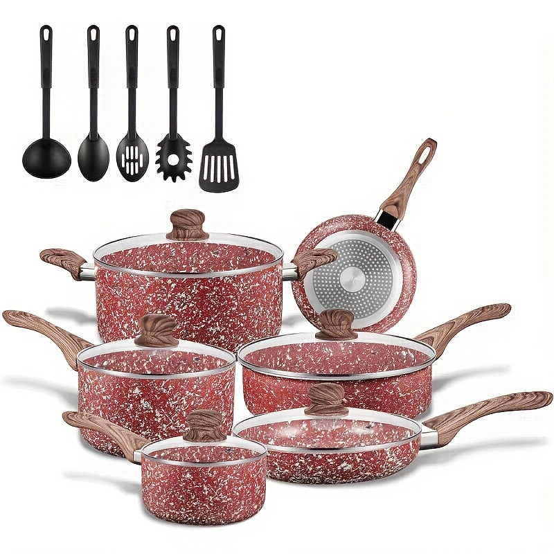 

Nonstick Cookware Set-nonstick Frying Pans And Stock Pots Saucepans, Red Granite Cookware With Derived Coating, Induction Pot&pan Set With Bakelite Handle And Multi-ply Body, 16 Pieces