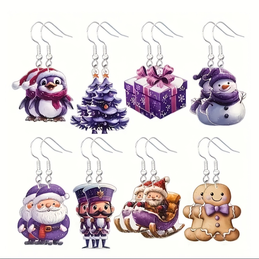 

8pairs Purple Christmas Earrings Set, Cute Cartoon Santa & Holiday Charms, Acrylic Dangle Earrings For Women, & Parties