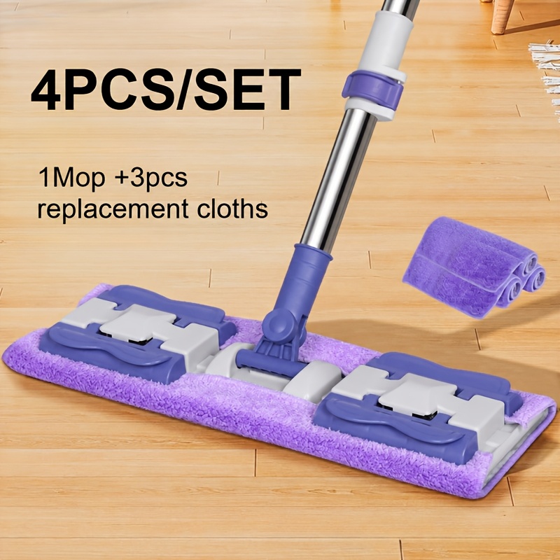TEMU 4pcs Set [1 Mop + 3 Replacement Cloths] Flat Cleaning Mop With Rotatable Mop Head, Clamp-on Floor Mop For Multiple Floor Types, Ideal For
