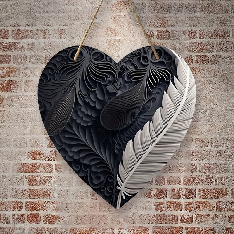 

Chic Black & White Feather Heart Sign - 8"x8" Wooden Wall Decor For Home, Farmhouse, Door & Wall