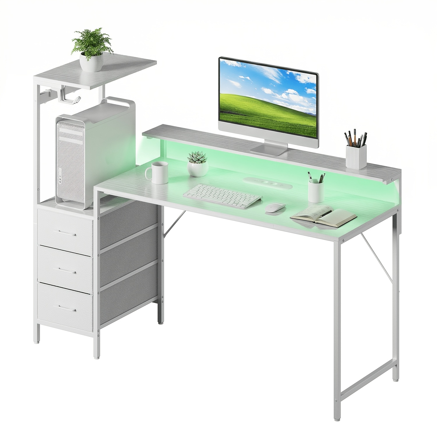 Image of Furnishia Gaming Computer Desk, Included Rgb Ambient Lighting, Power Outlets, Storage Cabinets & Monitor Mounts, Options (/gray/leopard Print), Ideal For Spaces