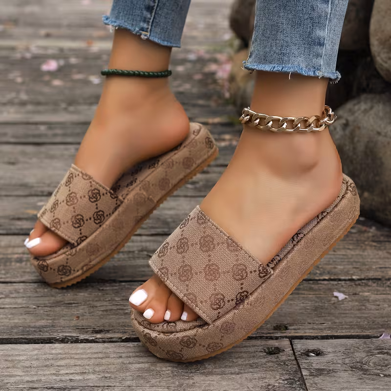 womens floral pattern sandals platform slip on slides walking slides cn36 eu35 khaki 7