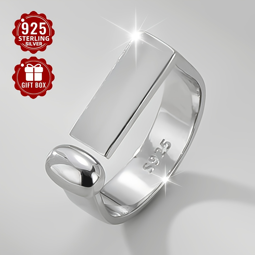 925 Pure Silvery Neutral Style Rectangular Open Ring