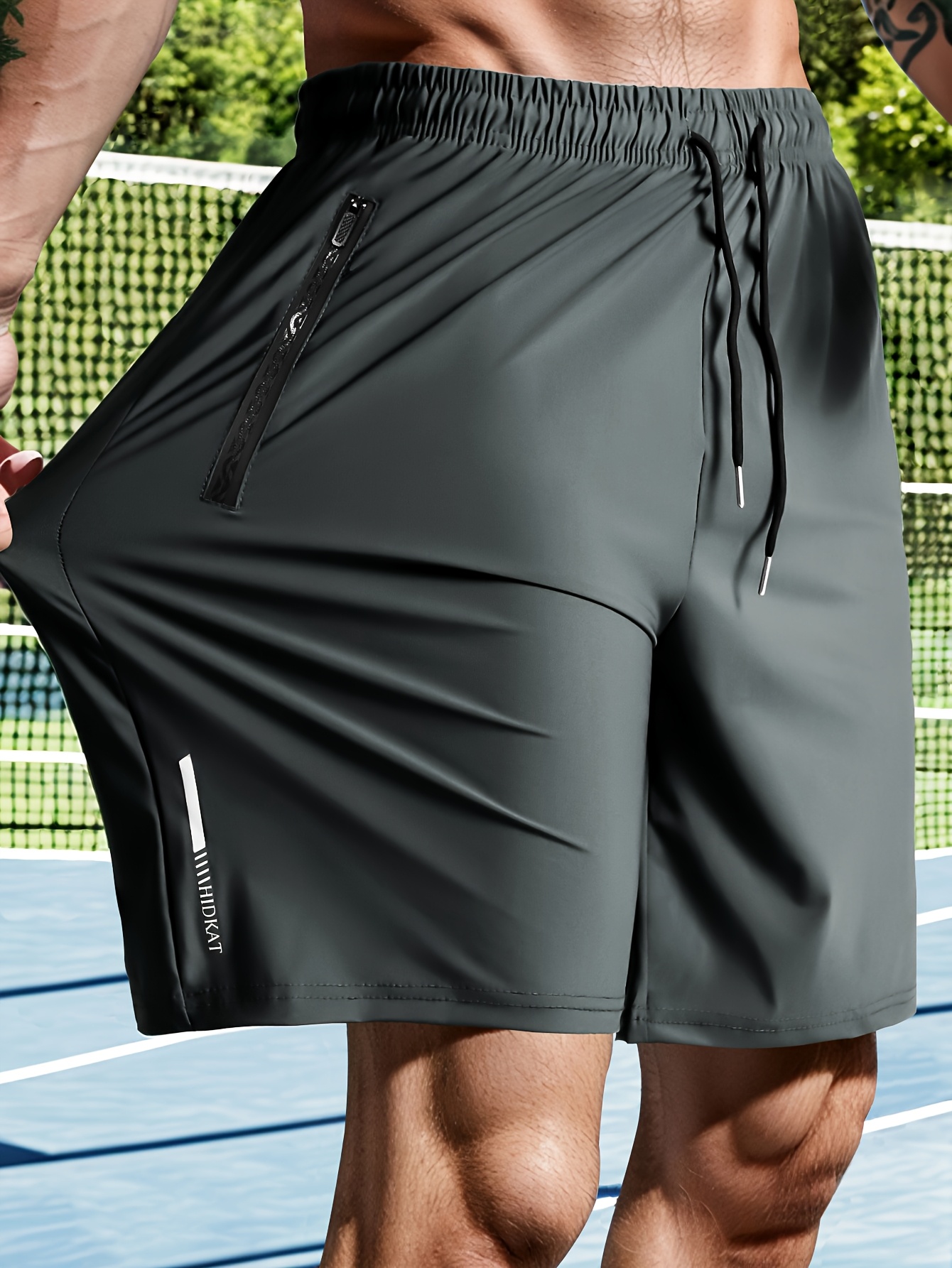 Men'S Plus Size High-Elasticity Sports Shorts - Navy Blue with Drawstring Waist, Zipper Pockets, and Side Pockets, Perfect for Casual Outdoor Activities, Fitness, Cycling, and Daily Wear, Casual Outdoor Attire | Drawstring Shorts | Zippered Pocket