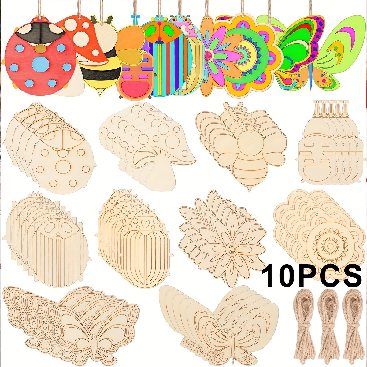 

10pcs Diy Wooden Ornaments Set - Unfinished For Painting, Crafts & - Insect, , Bee, &