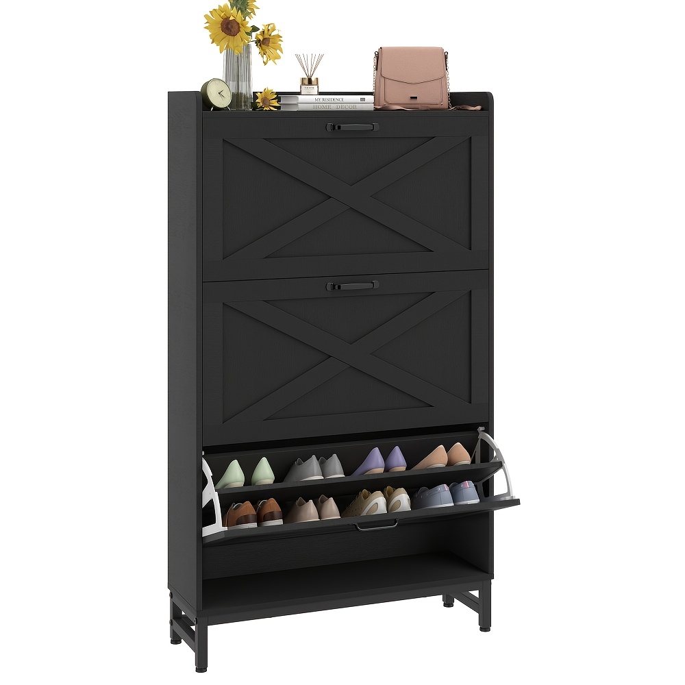 Image of Tall Shoe Cabinet With 3 Flip Drawers, Slim Hallway Shoe Storage For 12-16 Pairs, Modern Shoe Cupboard With Adjustable Shelves, Metal Handles Legs, 80x24x138cm, Black Natural Wood