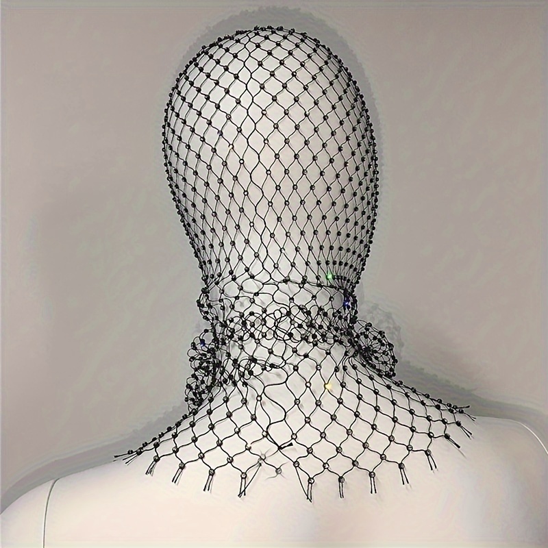 Rhinestone Inlaid Bright Stylish Flash Fishnet Grid Hollow Mask Mesh Cap Head Cover For Women details 8