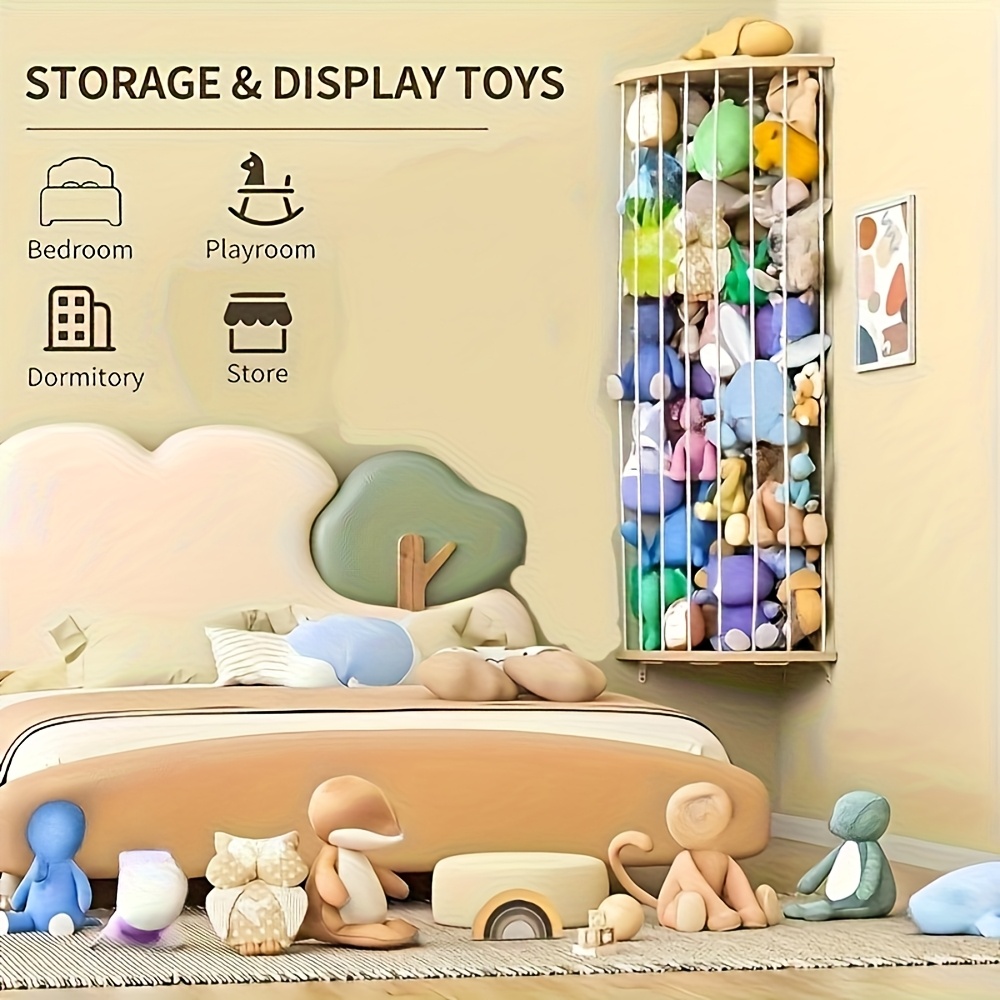 adjustable wooden plush animal storage basket space saving wall mounted organizer for living room bedroom bohemian style ideal mothers day gift living room decor   decor natural   small pet toys details 0