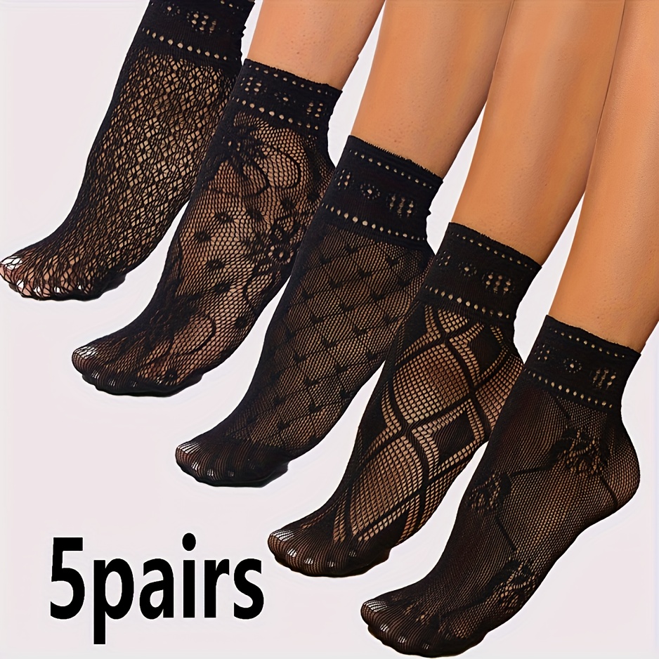 TEMU 5 Pairs Women's Floral Lace Ankle Socks - Black & White Mesh Fishnet Design With Cuffs, Soft Fabric, Perfect For Casual Or Stylish Outfits, Cute Socks, Elegant Sock Design, Soft Fabric Socks