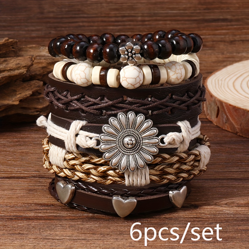 TEMU 6pcs Bohemian Style Bracelet Set, Synthetic Gemstones, Geometric Pattern, Hand-woven, Fashion Additions, Alloy Pendant, Birthstone, Gift For Men