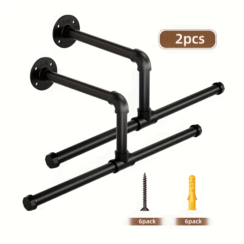 Image of Industrial Pipe Wall Mounted Clothes Hanger Rack, Metal Construction With Powder Coated Finish, Vintage Retail Side Hanging Display Shelf For Boutique And Home Storage Organizer