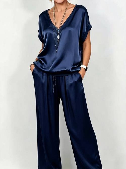 item picture satin solid color loose v neck short sleeve and flowy elastic waist wide leg pants casual two piece