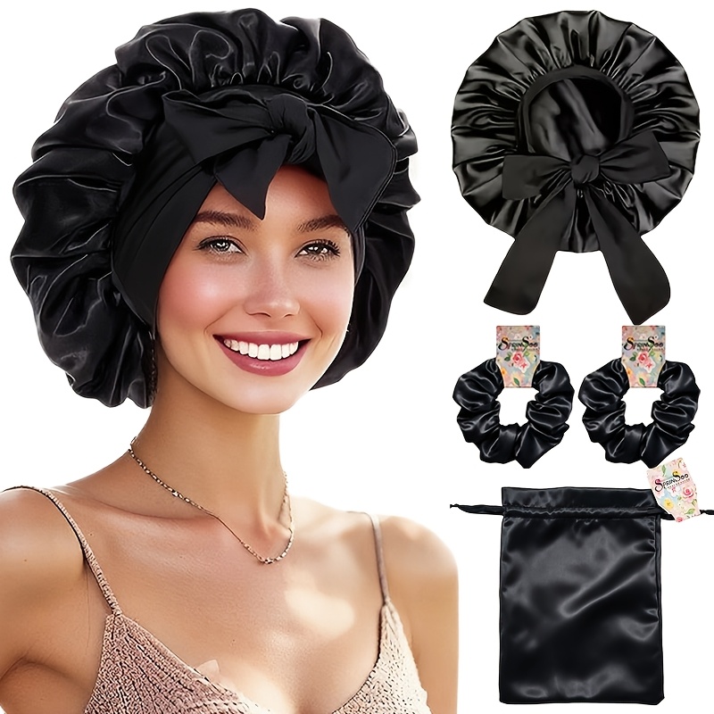 TEMU SPRINSOO Ensemble de 4 bonnets de nuit en satin avec chouchous en satin et pochette, bonnet de nuit anti-frisottis avec nœud papillon, bonnet de