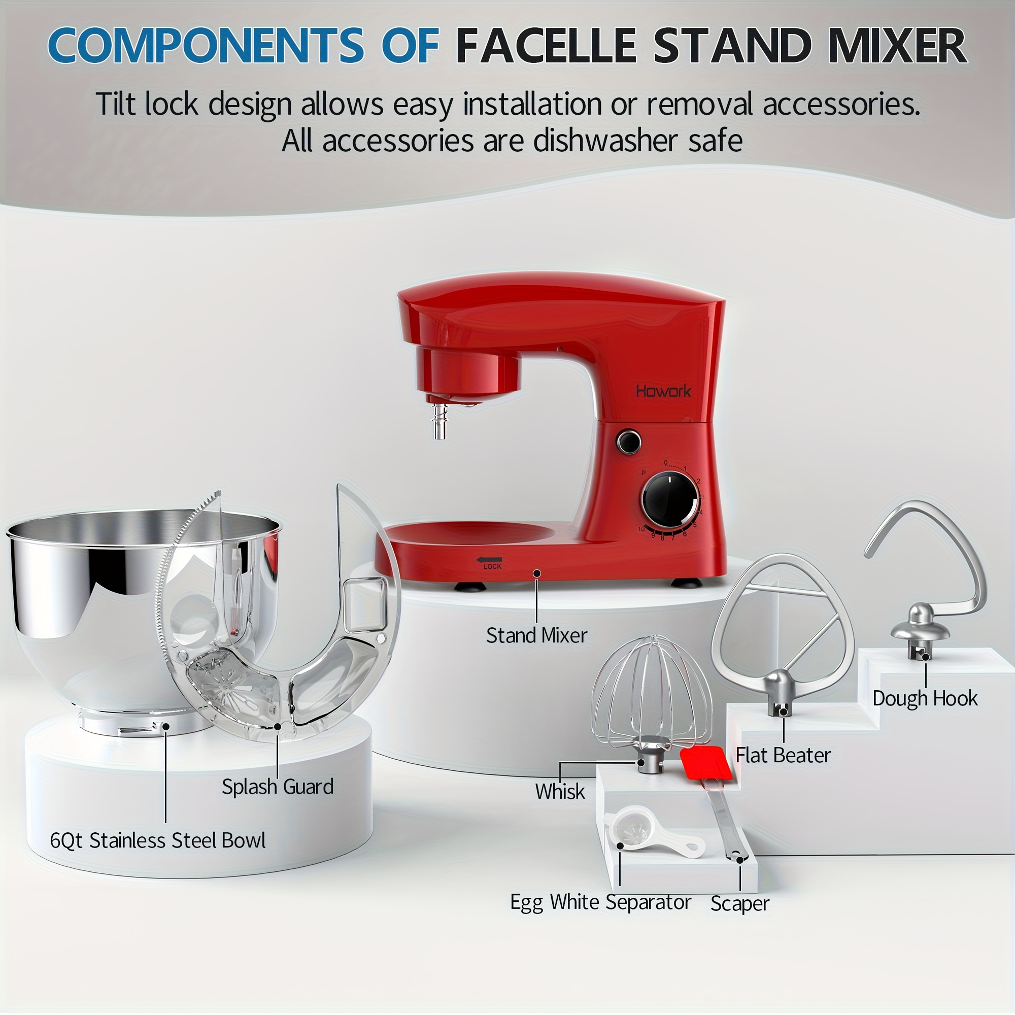 HOWORK 10-Speed 5L Electric Stand Mixer with Attachments