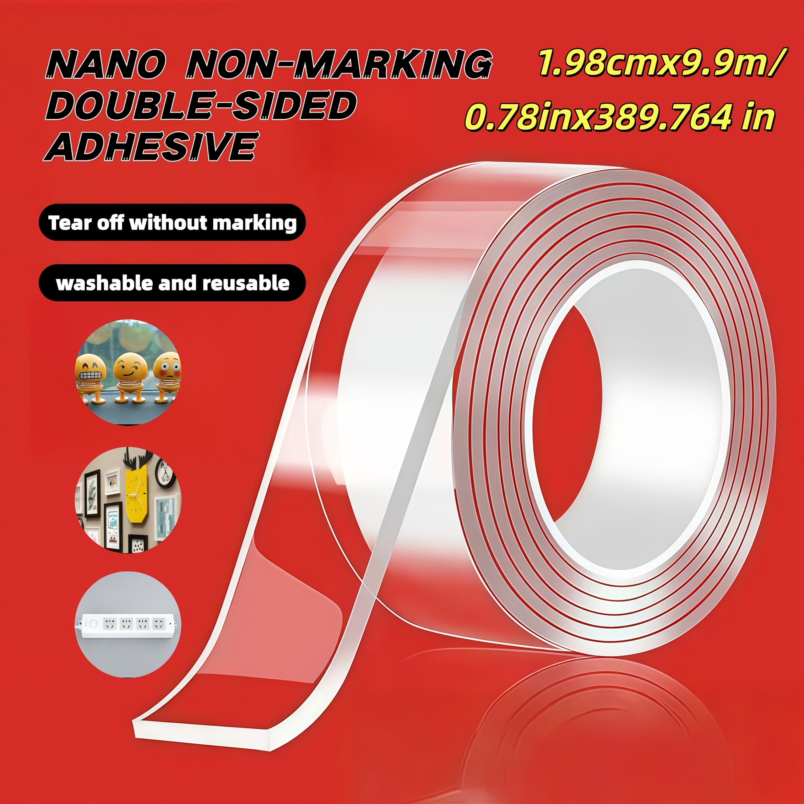 TEMU Ruban adhésif nano de qualité industrielle, (1,98 cm x 9,9 m) amovible et trace, matériau PET transparent
