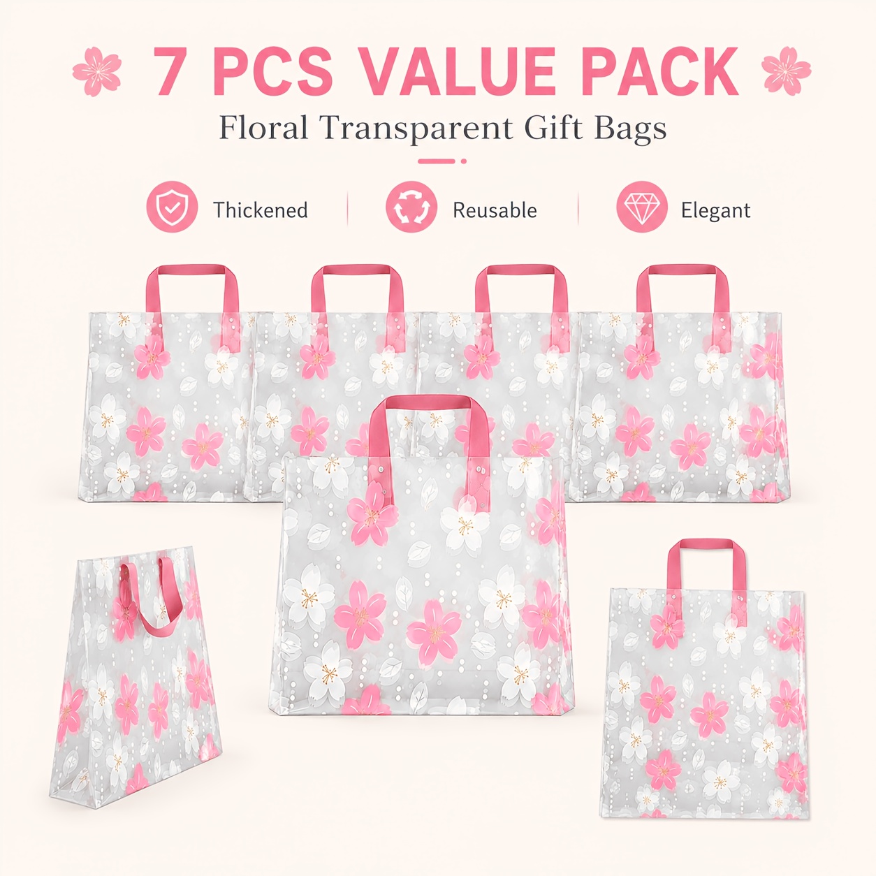 TEMU 7 sacs cadeaux floraux transparents avec poignées, sacs de courses en plastique transparent réutilisables épaissis, sacs d'emballage cadeaux