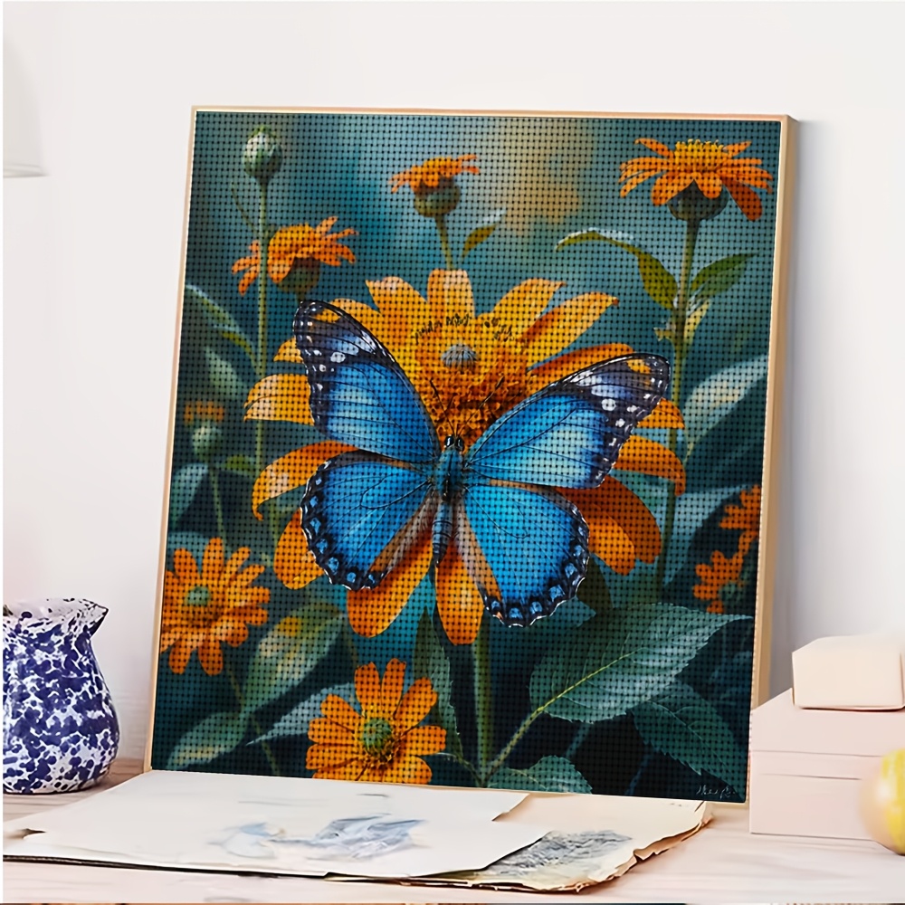 DIY Cross-Stitch Printed Kit, Unframed, Blue Butterfly on Orange Blossom Pattern